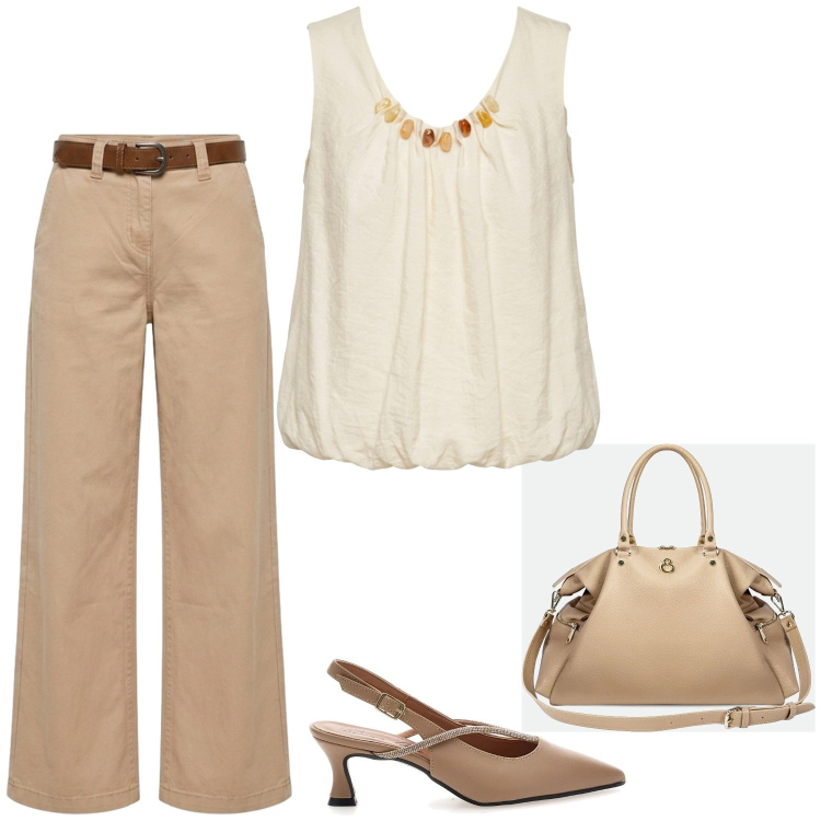 Outfit donna - Colori naturali. Stile Casual chic per Tutti i giorni. Abbinamento con shopping bag, top, pantaloni, décolleté.