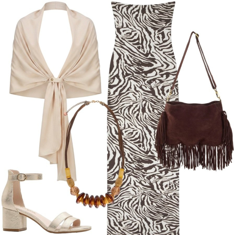Outfit donna - Incanto esotico. Stile Etnico per Serata fuori. Abbinamento con sandali col tacco, borse a tracolla, vestiti lunghi, stole, collane.