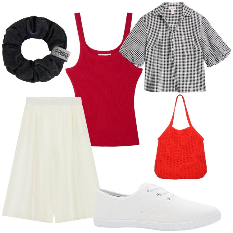 Outfit donna - Di corsa a lavoro. Stile Chic per Tutti i giorni. Abbinamento con sneakers, camicie a manica corta, canottiere, shopping bag, pantaloni a palazzo, accessori per capelli.