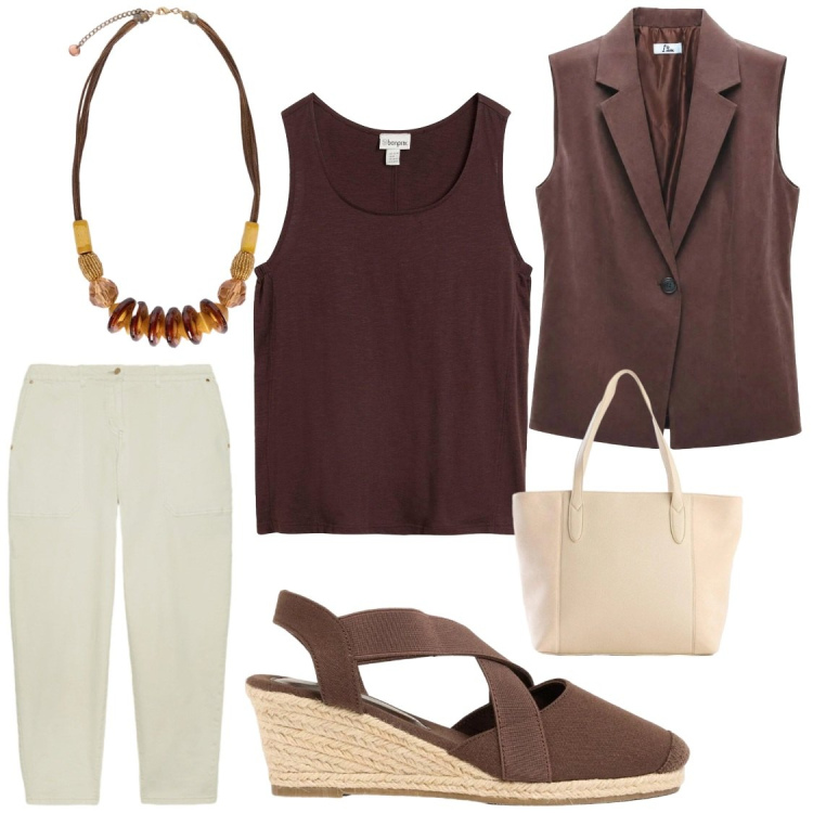 Outfit donna - A la voro. Stile Chic per Ufficio. Abbinamento con canottiere, zeppe, shopping bag, gilet, pantaloni cargo, collane.