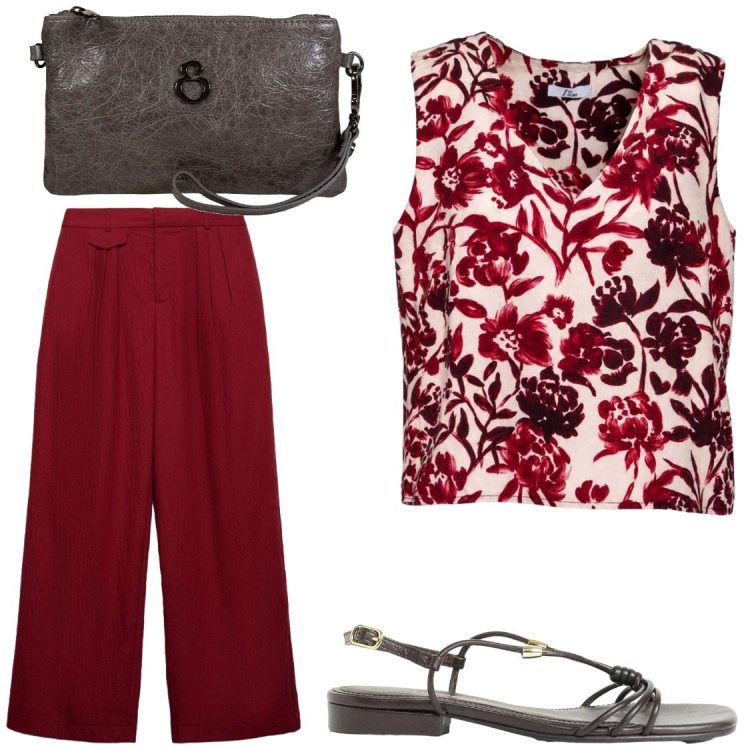 Outfit donna - Serate. Stile Chic per Serata fuori. Abbinamento con sandali, canottiere, pochette, pantaloni.
