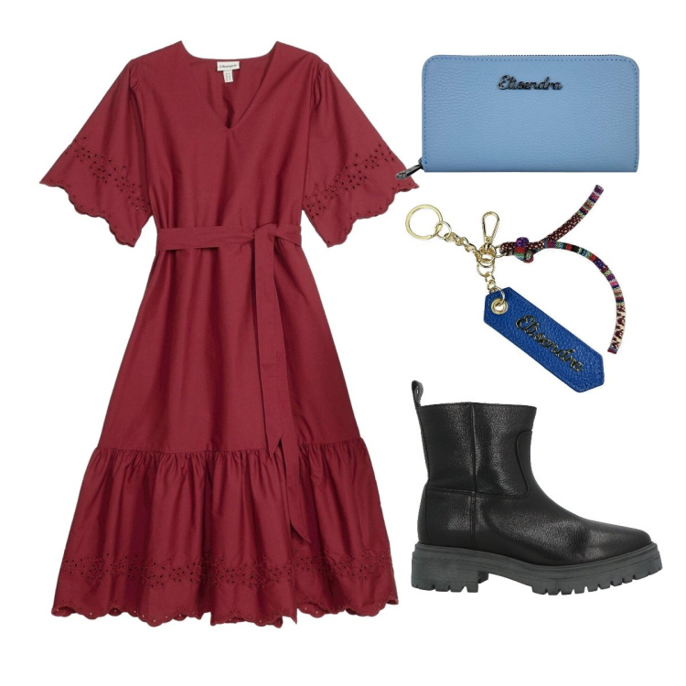 Outfit donna - Boho rock. Stile Boho per Serata fuori. Abbinamento con stivaletti, vestiti midi/longuette, portachiavi, portafogli.