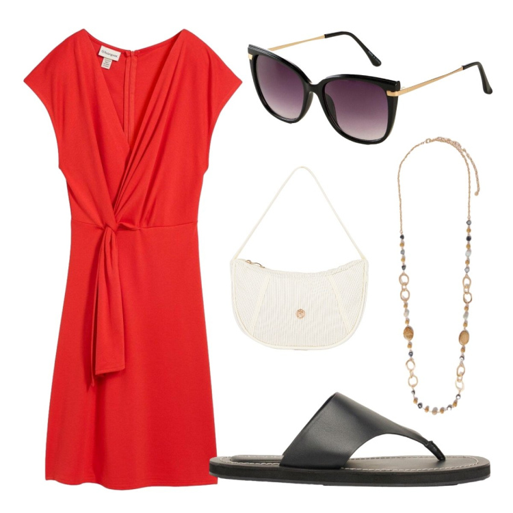 Outfit donna - Pomeriggio con Valeria. Stile Casual chic per Tutti i giorni. Abbinamento con vestiti midi/longuette, infradito, occhiali da sole, collane, borse a mano.