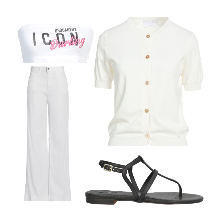 Outfit donna - Luglio. Stile Minimal per Tutti i giorni. Abbinamento con jeans, cardigans, infradito, top.