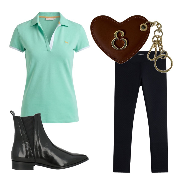 Outfit donna - Con un po’ di menta. Stile Basic per Ufficio. Abbinamento con stivaletti chelsea, polo, portachiavi, leggings.