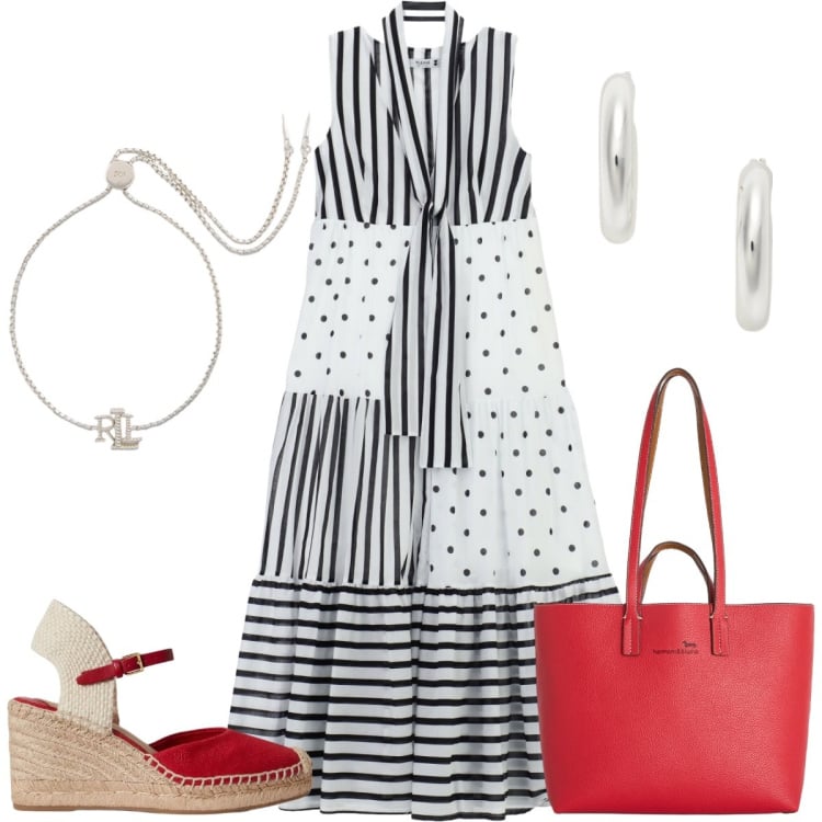 Outfit donna - Total look #2441215. Stile Chic per Tutti i giorni. Abbinamento con shopping bag, orecchini, braccialetti, zeppe, vestiti lunghi.
