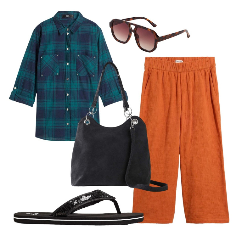 Outfit donna - A pranzo casual. Stile Casual per Tutti i giorni. Abbinamento con infradito, camicie, borse a mano, occhiali da sole, pantaloni.