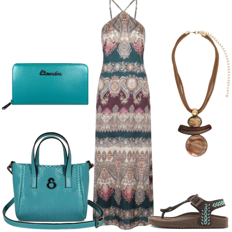 Outfit donna - Total look #2441218. Stile Boho per Tutti i giorni. Abbinamento con portafogli, borse a mano, ciondoli, vestiti lunghi, infradito.