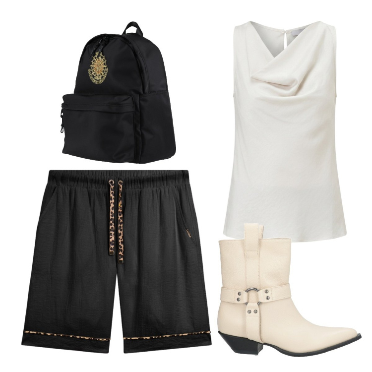 Outfit donna - Summer. Stile Trendy per Serata fuori. Abbinamento con zaini, stivaletti texani, pantaloni corti, canottiere.