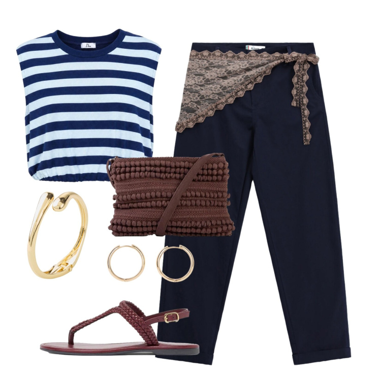 Outfit donna - Weekend a Venezia. Stile Bon Ton per Tutti i giorni. Abbinamento con ciabatte, braccialetti, orecchini, borse a tracolla, top, pantaloni.