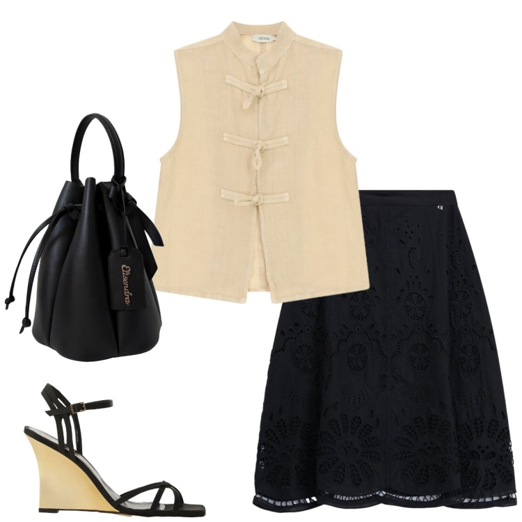 Outfit donna - Total look #2441225. Stile Romantica per Tutti i giorni. Abbinamento con borse a secchiello, top, sandali col tacco, gonne longuette.