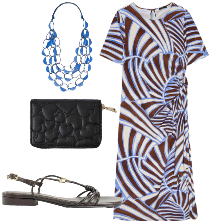 Outfit donna - City. Stile Casual per Tutti i giorni. Abbinamento con sandali, portafogli, vestiti asimmetrici, collane.