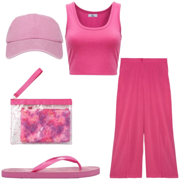 Outfit donna - Total look #2441232. Stile Casual per Mare. Abbinamento con canottiere, pochette, cappelli con visiera, infradito, pantaloni a palazzo.