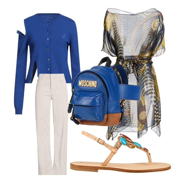Outfit donna - Nuance di blu estivo curvy. Stile Casual per Serata fuori. Abbinamento con cardigans, marsupi, top, pantaloni, infradito.