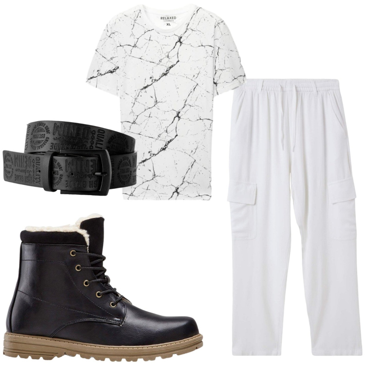 Outfit uomo - T-shirt marmorizzata. Stile Casual per Tutti i giorni. Abbinamento con cinture, stivali e stivaletti, pantaloni cargo, t-shirt.