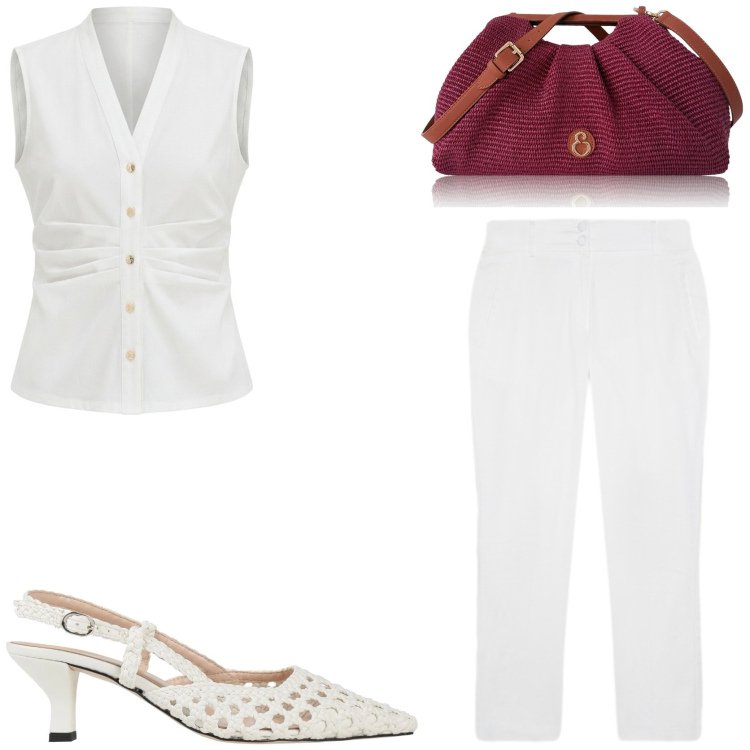 Outfit donna - Un tocco di rosso in ufficio. Stile Chic per Ufficio. Abbinamento con décolleté, clutch, pantaloni, camicie a manica corta.