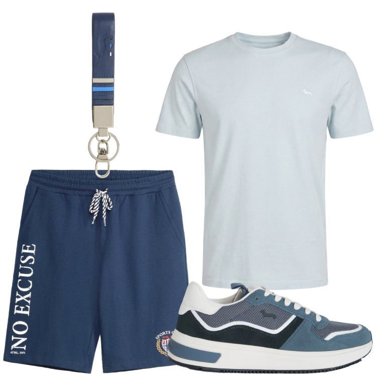 Outfit uomo - Free time. Stile Casual per Tutti i giorni. Abbinamento con shorts, portachiavi, t-shirt, sneakers.