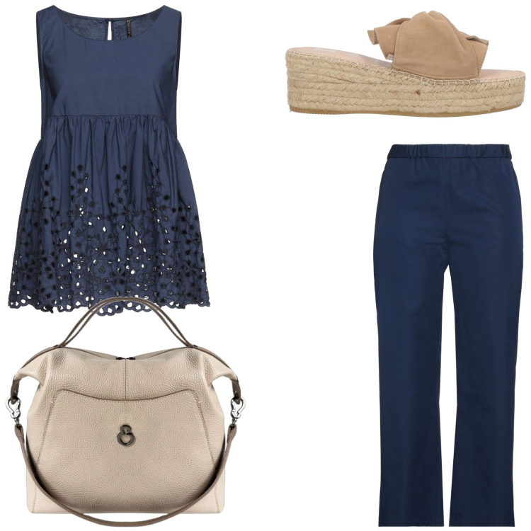 Outfit donna - Workwear di luglio. Stile Trendy per Ufficio. Abbinamento con pantaloni, top, espadrillas, borse a mano.