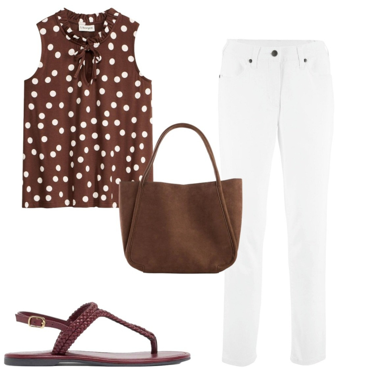 Outfit donna - Pois. Stile Chic per Serata fuori. Abbinamento con canottiere, pantaloni, shopping bag, ciabatte.