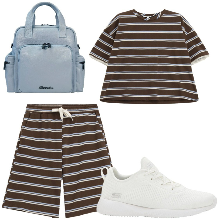 Outfit donna - Free time. Stile Casual per Tutti i giorni. Abbinamento con sneakers, zaini, bermuda, t-shirt.