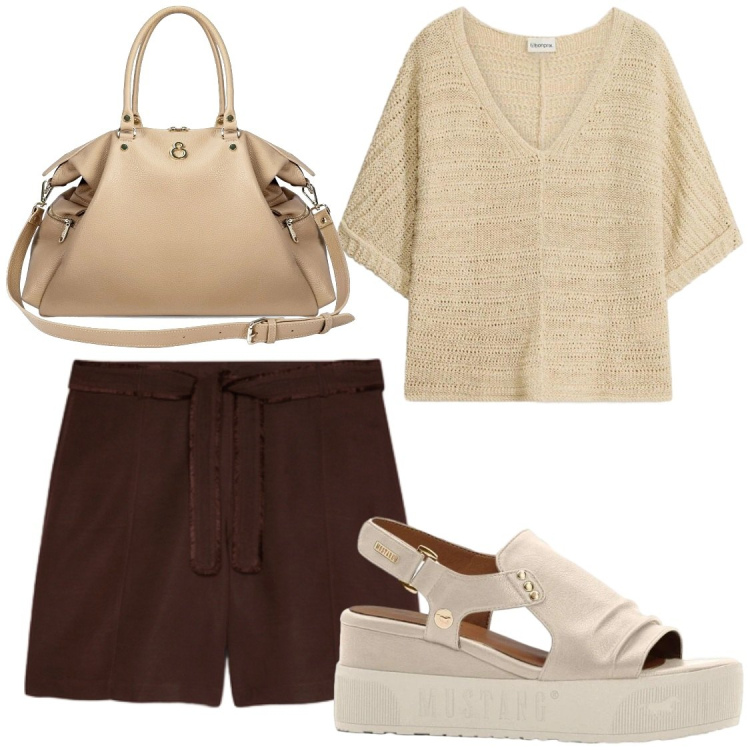 Outfit donna - Serate estive free. Stile Casual per Tutti i giorni. Abbinamento con sandali, t-shirt, shopping bag, shorts.