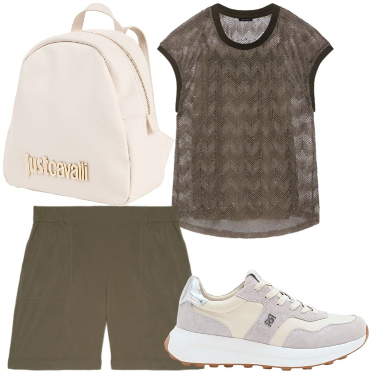 Outfit donna - Free time. Stile Basic per Tutti i giorni. Abbinamento con zaini, t-shirt, bermuda, sneakers.