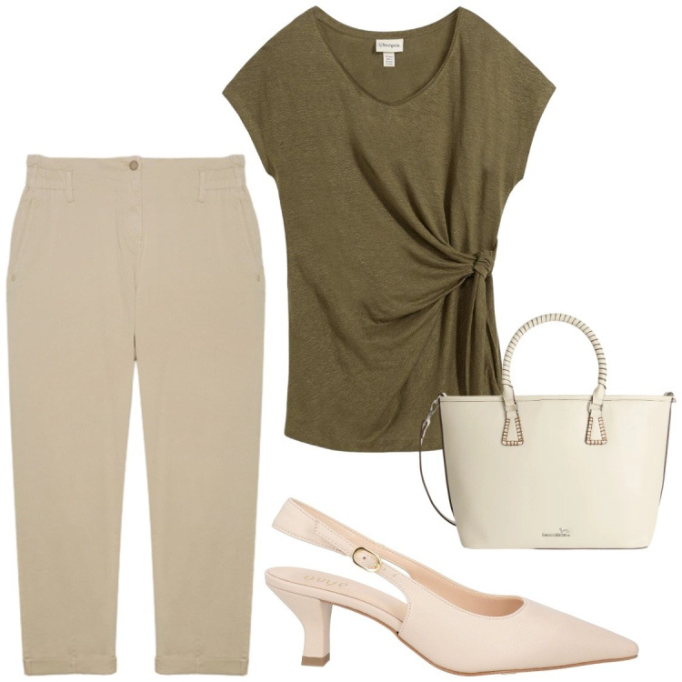Outfit donna - A lavoro. Stile Chic per Ufficio. Abbinamento con décolleté, t-shirt, shopping bag, pantaloni.