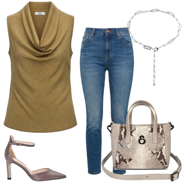 Outfit donna - Total look #2441254. Stile Casual chic per Tutti i giorni. Abbinamento con canottiere, jeans, borse a mano, cinture, décolleté.