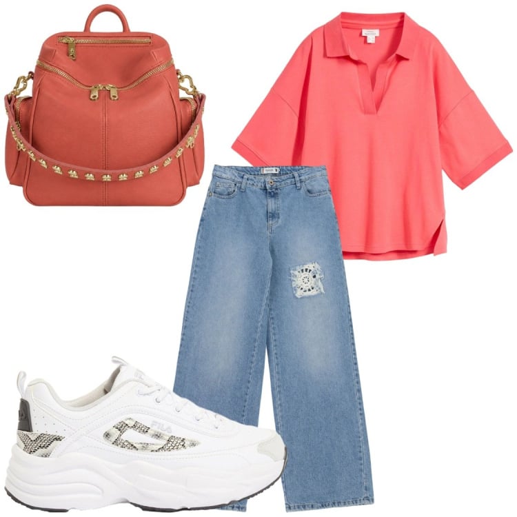 Outfit donna - Di corsa. Stile Casual per Tutti i giorni. Abbinamento con polo, sneakers, zaini, jeans.
