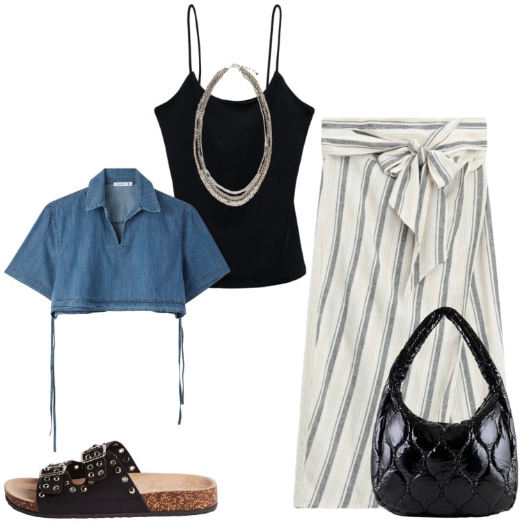 Outfit donna - Total look #2441257. Stile Casual chic per Tutti i giorni. Abbinamento con ciabatte, camicie a manica corta, canottiere, collane, borse tote, gonne longuette.