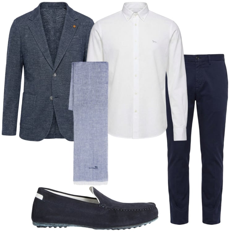Outfit uomo - Cerimonia d’estate. Stile Trendy per Cerimonia. Abbinamento con sciarpe, scarpe stringate, camicie, giacche, pantaloni chino.