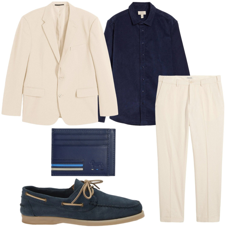 Outfit uomo - Cerimonia d’estate. Stile Casual per Cerimonia. Abbinamento con pantaloni, giacche, camicie, portafogli, scarpe stringate.