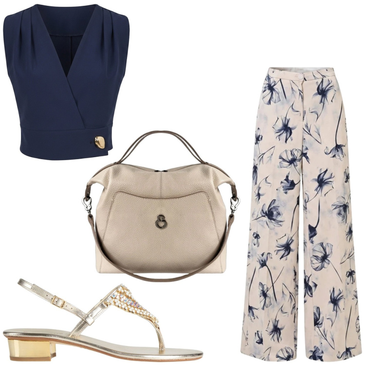 Outfit donna - Un completo elegante nel guardaroba. Stile Chic per Tutti i giorni. Abbinamento con infradito, borse a mano, pantaloni a palazzo, top.