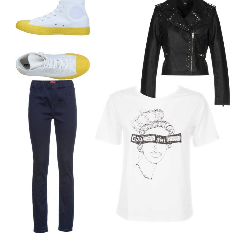Outfit donna - Punk. Stile Rock per Tutti i giorni. Abbinamento con jeggings, giubbotto con borchie collo con revers a maniche lunghe con zip interno foderato in pelle sintetica tinta unita, sneakers tennis senza tacco con punta tonda tinta unita, t-shirt con perle e stampa girocollo a maniche corte in denim bianco e nero e grigio.