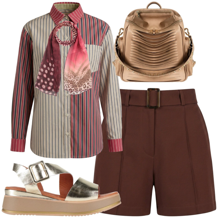 Outfit donna - Cadual. Stile Casual per Tutti i giorni. Abbinamento con sandali in pelle, sciarpe, camicie, zaini, shorts.