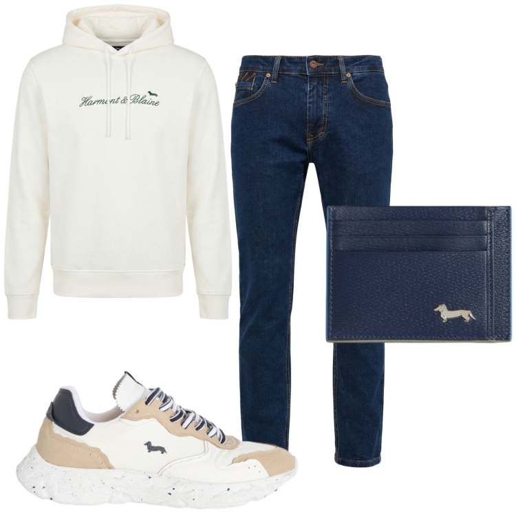 Outfit uomo - Total look #2441275. Stile Casual per Tutti i giorni. Abbinamento con felpe con cappuccio, pantaloni, portafogli, sneakers.