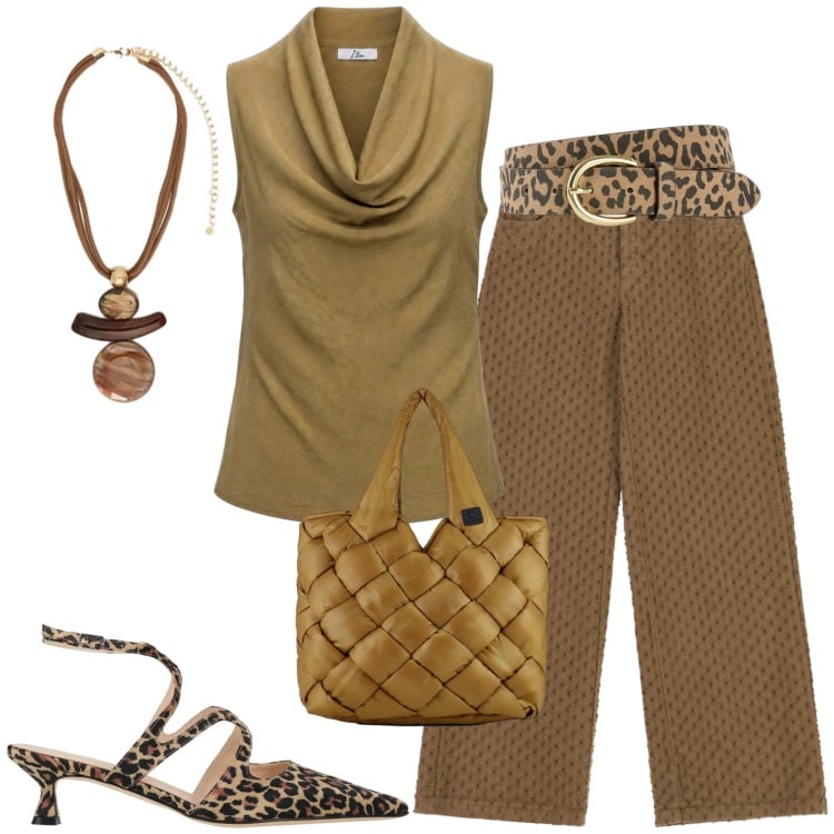 Outfit donna - Ufficio. Stile Casual per Ufficio. Abbinamento con décolleté, cinture, canottiere, ciondoli, borse tote, pantaloni.