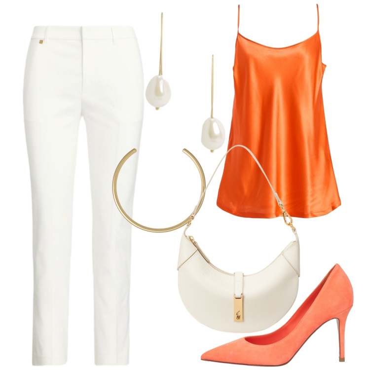 Outfit donna - Orange stars. Stile Casual chic per Ufficio. Abbinamento con top, décolleté, pantaloni, borse a spalla, orecchini, collane.