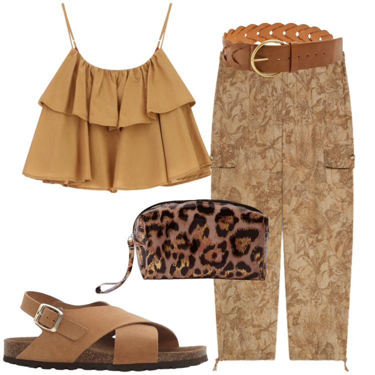 Outfit donna - Summer. Stile Casual per Tutti i giorni. Abbinamento con sandali in pelle, cinture, pochette, top, pantaloni cargo.
