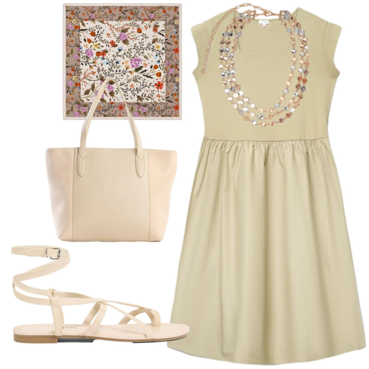 Outfit donna - Summer. Stile Casual per Tutti i giorni. Abbinamento con sandali, shopping bag, foulard, vestiti corti, collane.