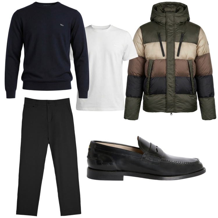 Outfit uomo - Total look #2441287. Stile Urban per Tutti i giorni. Abbinamento con t-shirt, maglieria, scarpe stringate, pantaloni chino, piumini.