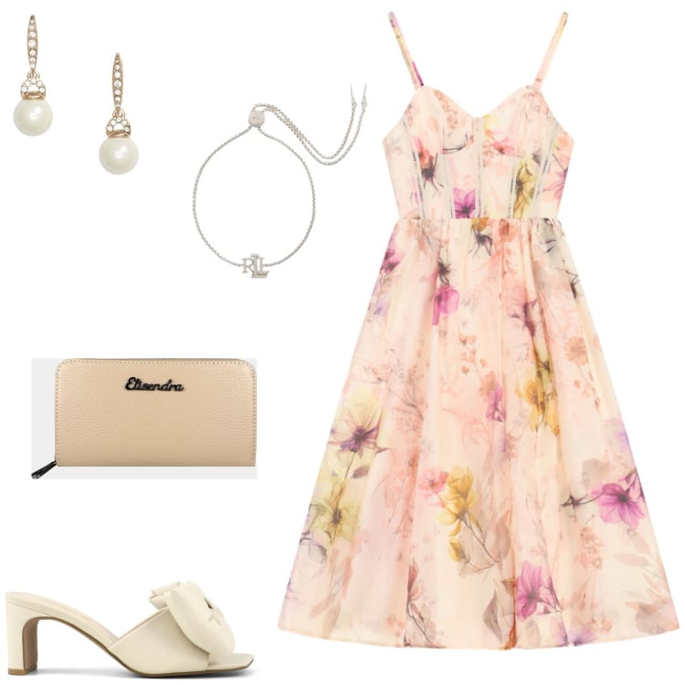 Outfit donna - Per una serata speciale. Stile Glamour per Serata fuori. Abbinamento con portafogli, braccialetti, orecchini, vestiti midi/longuette, sandali col tacco.
