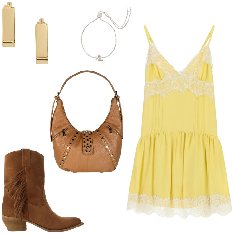 Outfit donna - Summer Holidays. Stile Rock per Serata fuori. Abbinamento con borse a spalla, braccialetti, orecchini, stivali, vestiti corti.