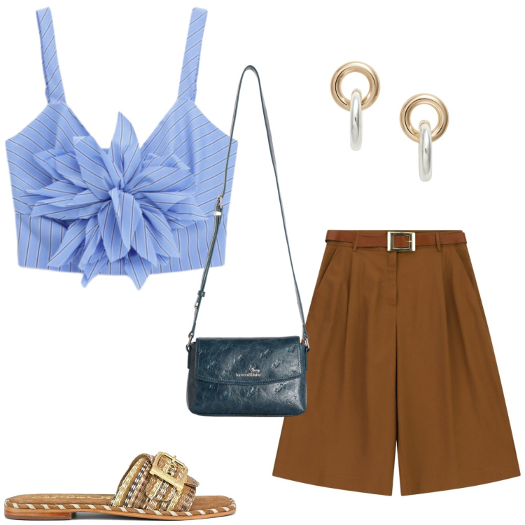 Outfit donna - Estate. Stile Chic per Serata fuori. Abbinamento con borse a tracolla, top, bermuda, orecchini, ciabatte.