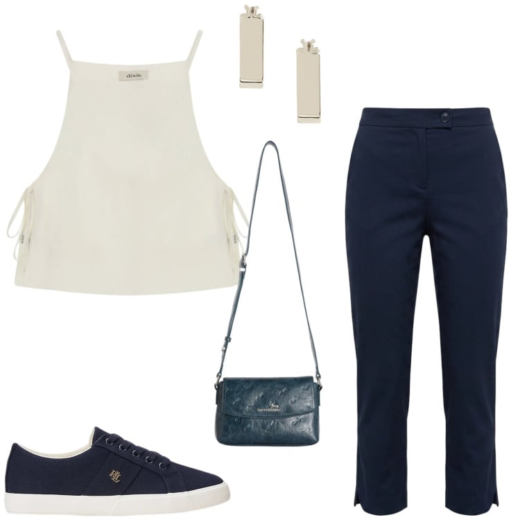 Outfit donna - Riviera Chic. Stile Chic per Tutti i giorni. Abbinamento con borse a tracolla, pantaloni capri, sneakers, orecchini, top.