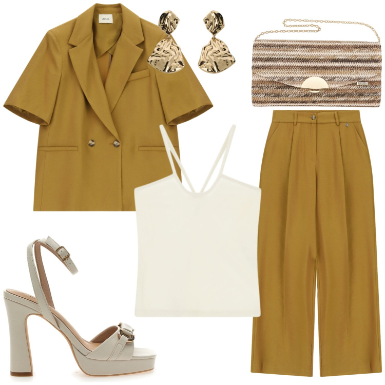 Outfit donna - Serata fuori. Stile Chic per Serata fuori. Abbinamento con orecchini, blazer, pantaloni a palazzo, canottiere, sandali col tacco, clutch.