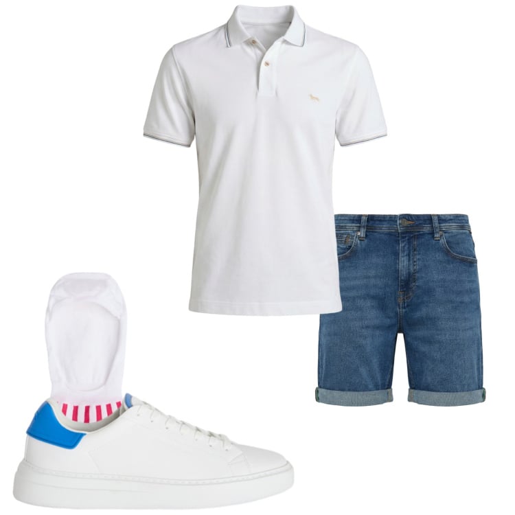 Outfit uomo - Luglio. Stile Casual per Tutti i giorni. Abbinamento con sneakers, calzini, polo, bermuda.