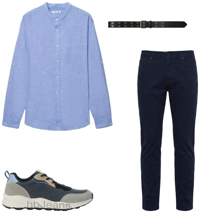 Outfit uomo - Camicia azzurra. Stile Business/Elegante per Serata speciale. Abbinamento con sneakers, pantaloni, camicie, cinture.