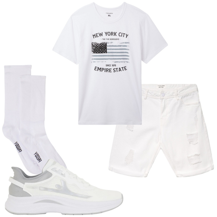 Outfit uomo - New York city. Stile Casual per Tutti i giorni. Abbinamento con t-shirt, bermuda, calzini, sneakers.