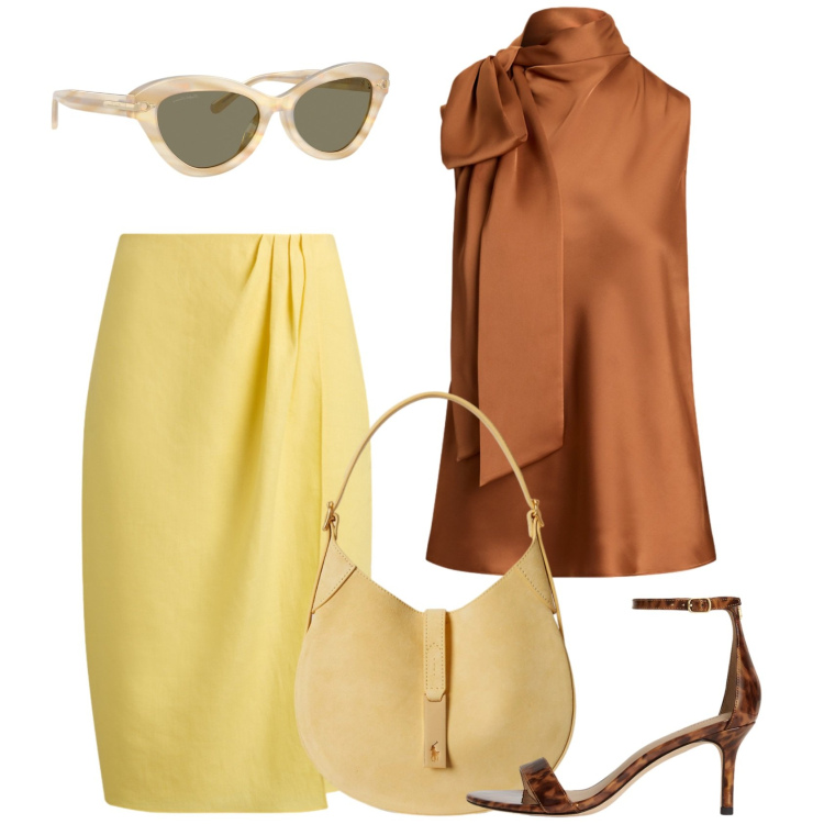 Outfit donna - Al tramonto. Stile Chic per Serata fuori. Abbinamento con bluse, occhiali da sole, gonne, borse a spalla, sandali in pelle.